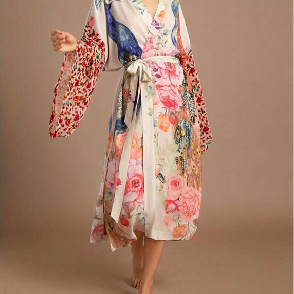 Women's Printed Beach Smock Peacock Pattern Printed Belt kimono robe - Picture 3 of 5
